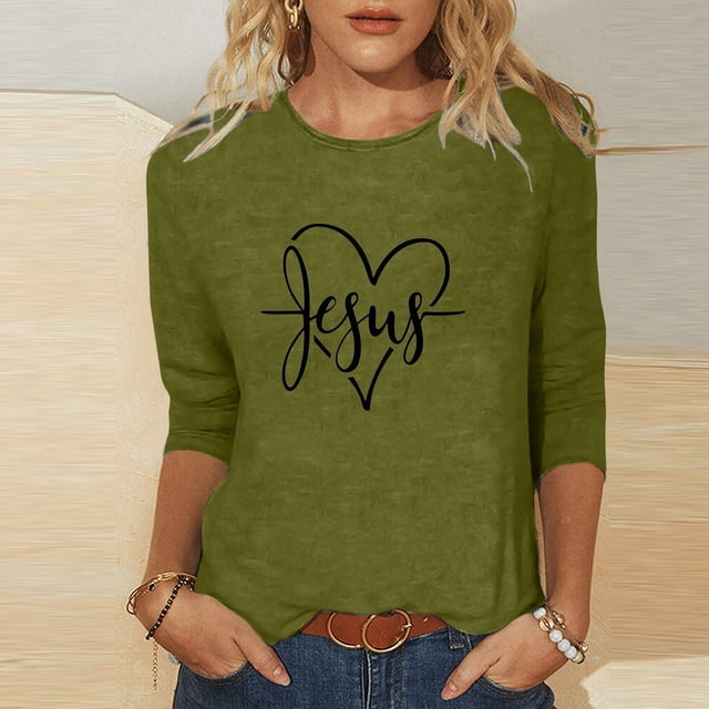 Xihbxyly Blouses pour Femmes Manches 3/4 T-shirt Imprimé Mode Manches 3/4 Blouse Col Rond Hauts Décontractés