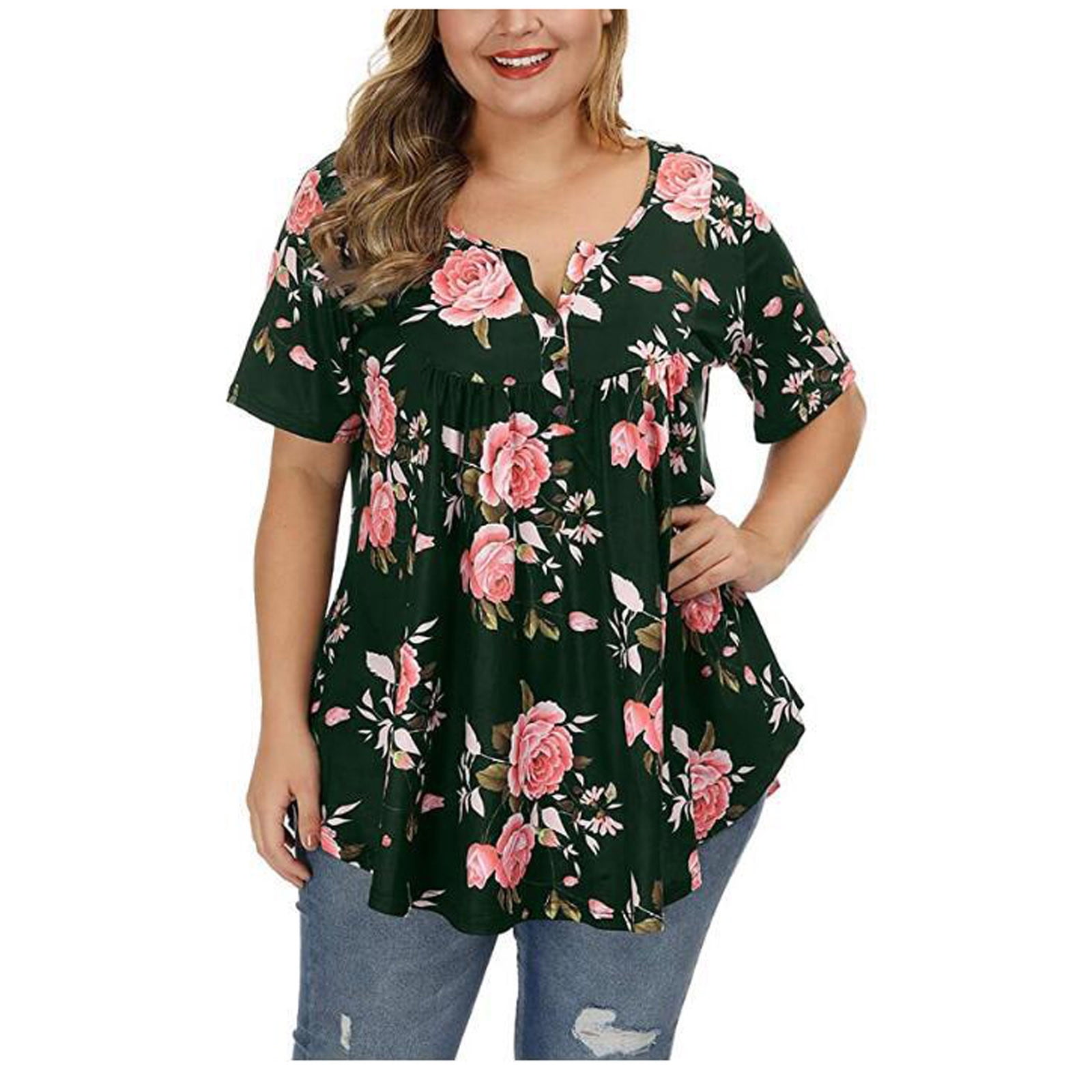 Olyvenn Clearance Large Size Summer Peasant Tops Henley Neck Pleated Floral Print Womens Plus