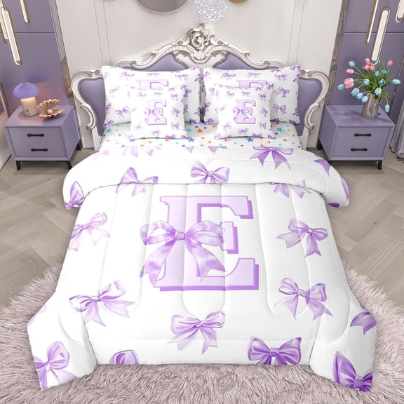 Homewish Purple Ribbon Letter E Twin Bedding Sets 7-Piece, Cartoon Cute Monogrammed Bedding Comforter Set, Fairy Tale Theme Reversible Sheet Sets, Lightweight Room Decor