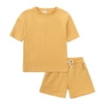 thumbnail image 3 of Huowey Children Girls Boys Baby Summer Clothing Set 2 Piece Tracksuit Outfits Solid Color Round Neck Short Sleeve T Shirt With Shorts Set,Yellow,6-7 Years, 3 of 9