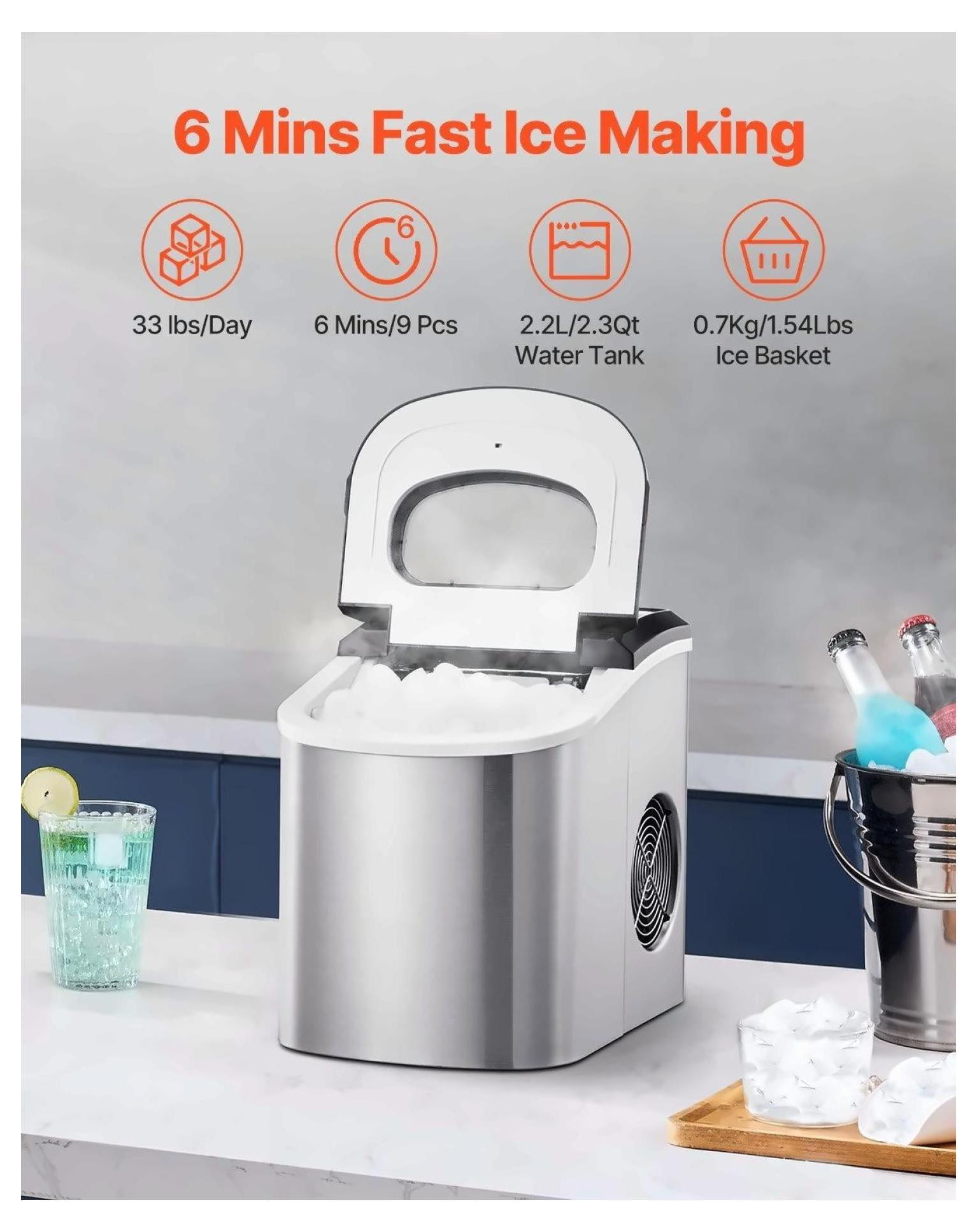 Countertop Ice Maker 33Lbs/24H - Portable Ice Machine with Scoop & Basket - Self-Cleaning, Fast Ice in 6 Minutes - For Home, Bar, Kitchen