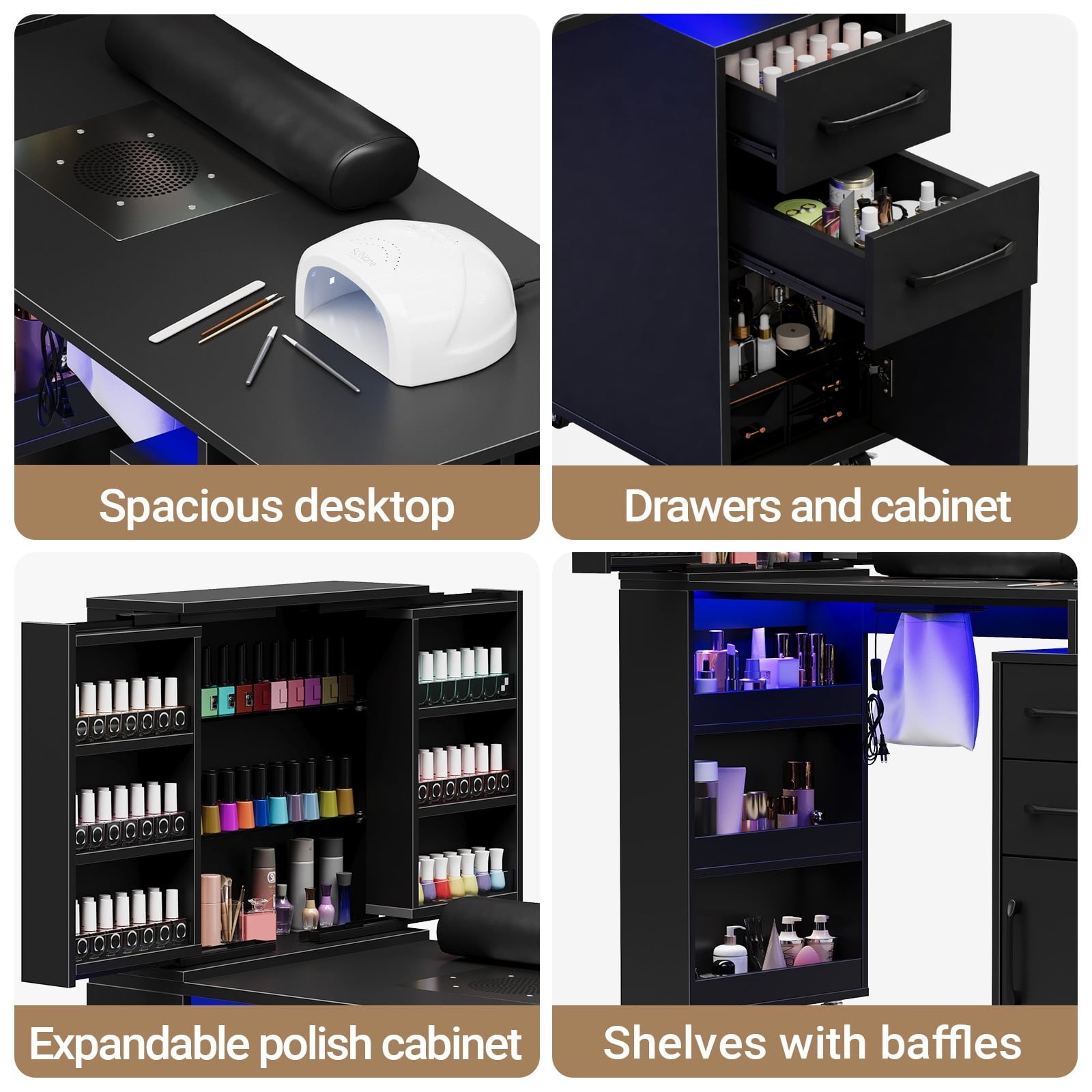 Advwin Professional Manicure Table with Extendable Nail Polish Cabinet, Dust Collector, LED Light & Wrist Rest, Rolling Nail Desk for Nail Tech, Beauty Nail Station for Home & Salon, Black