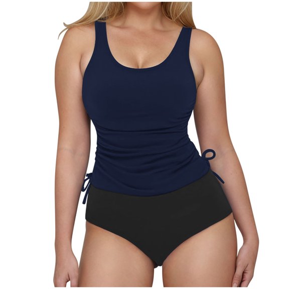 Yuanlook Women's Color Block 2 Piece Tankini Set Drawstring Side Tummy Control for Beach Vacation Size S-XXL