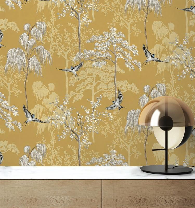 NextWall Arthouse Bird Garden Peel and Stick Wallpaper 20.5 in. W x 18 ft. L - Ochre