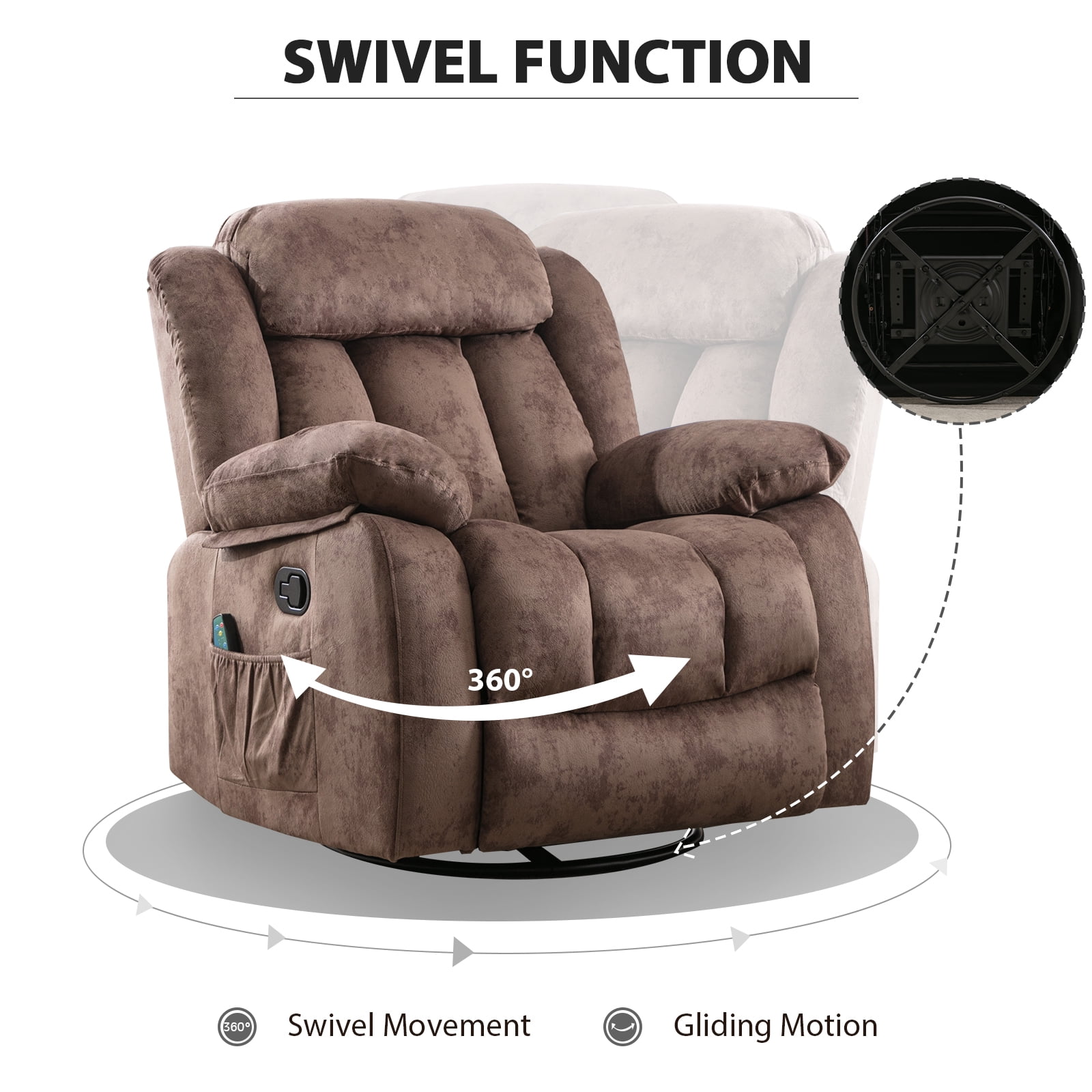 Bonzy Home Massage Swivel Recliner Chair with Heat and Vibration Manual Rocker Recliner Fabric Single Sofa, Brown