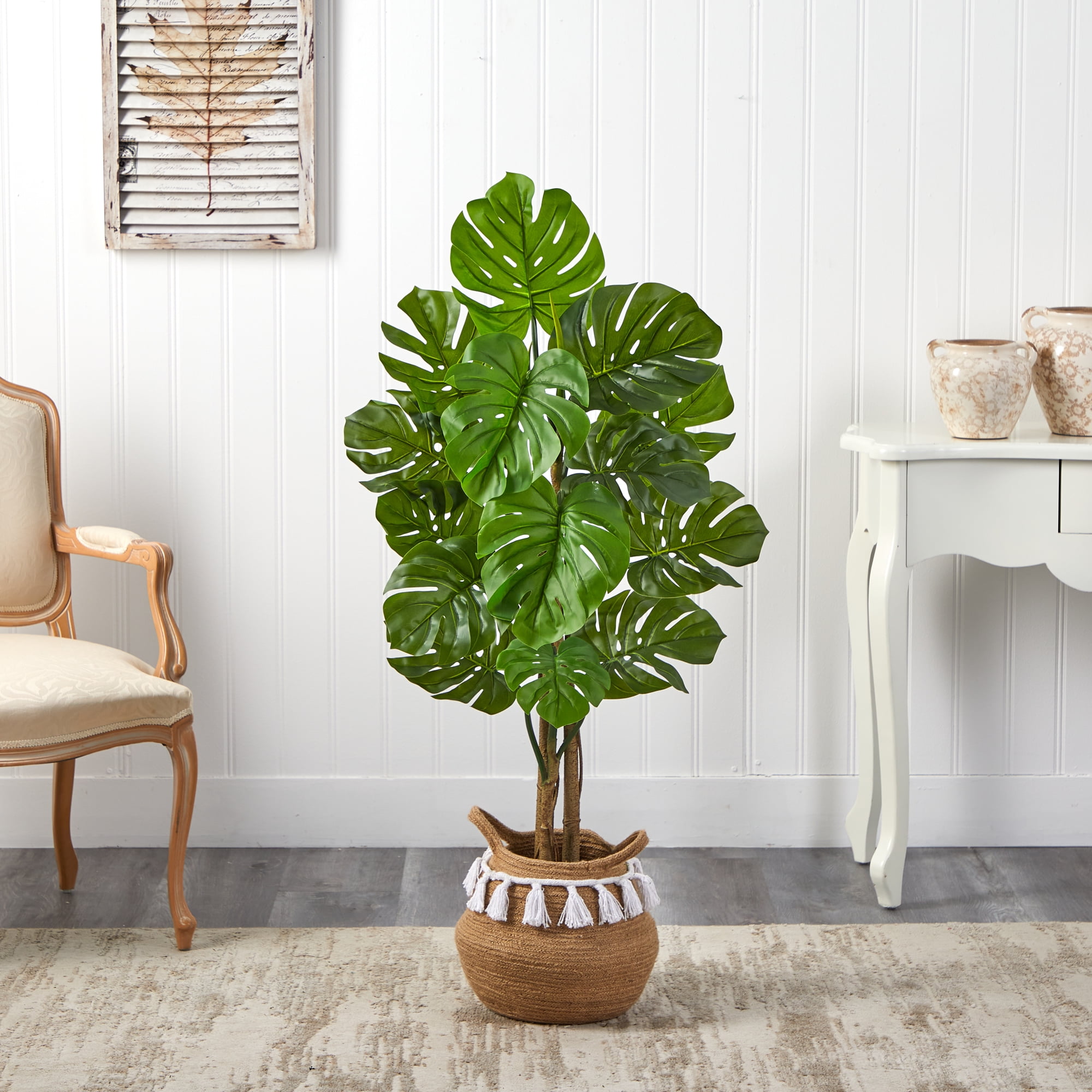 Nearly Natural 4' UV Resistant Monstera Artificial Tree in Woven Planter with Tassels