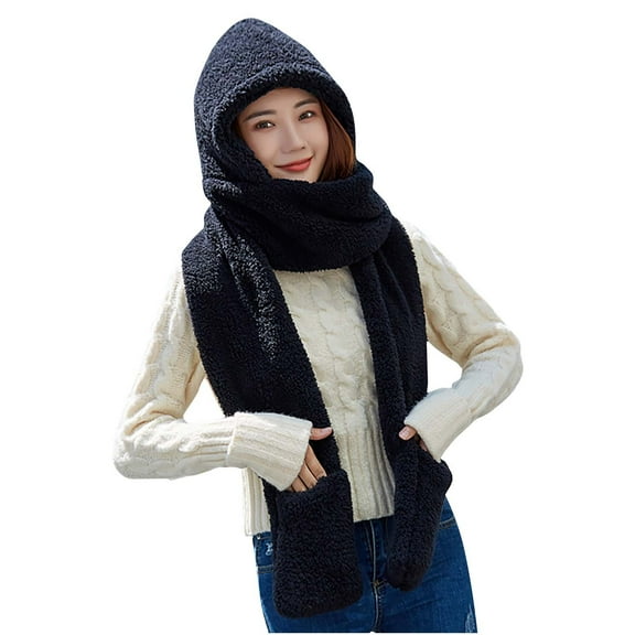 qolati 3 In 1 Hat Scarf Gloves for Women Winter Warm Earflap Hats Puffy Hooded Scarf for Women Men Soft Plush Thick Faux Fur Hooded Scarf