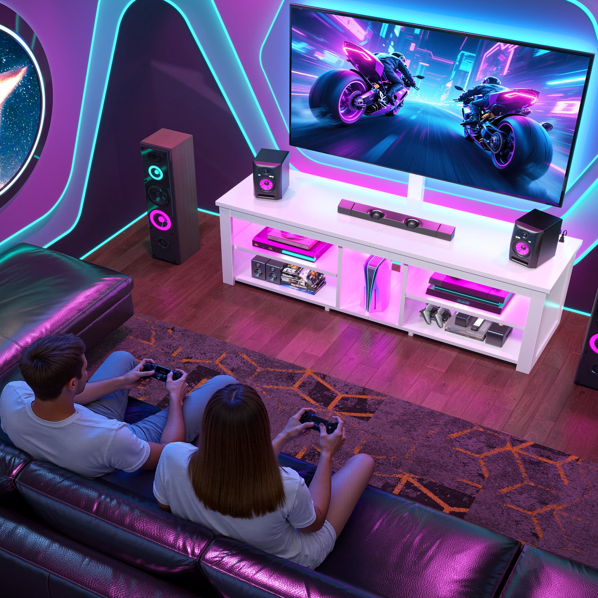 TV Stand with Mount & LED Lights for 70 inch TVs, Swivel Entertainment Center with Power Outlet, White
