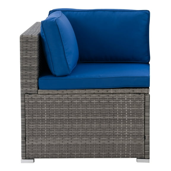 CorLiving Parksville Gray Wicker / Rattan Patio Corner Chair with Blue Cushions
