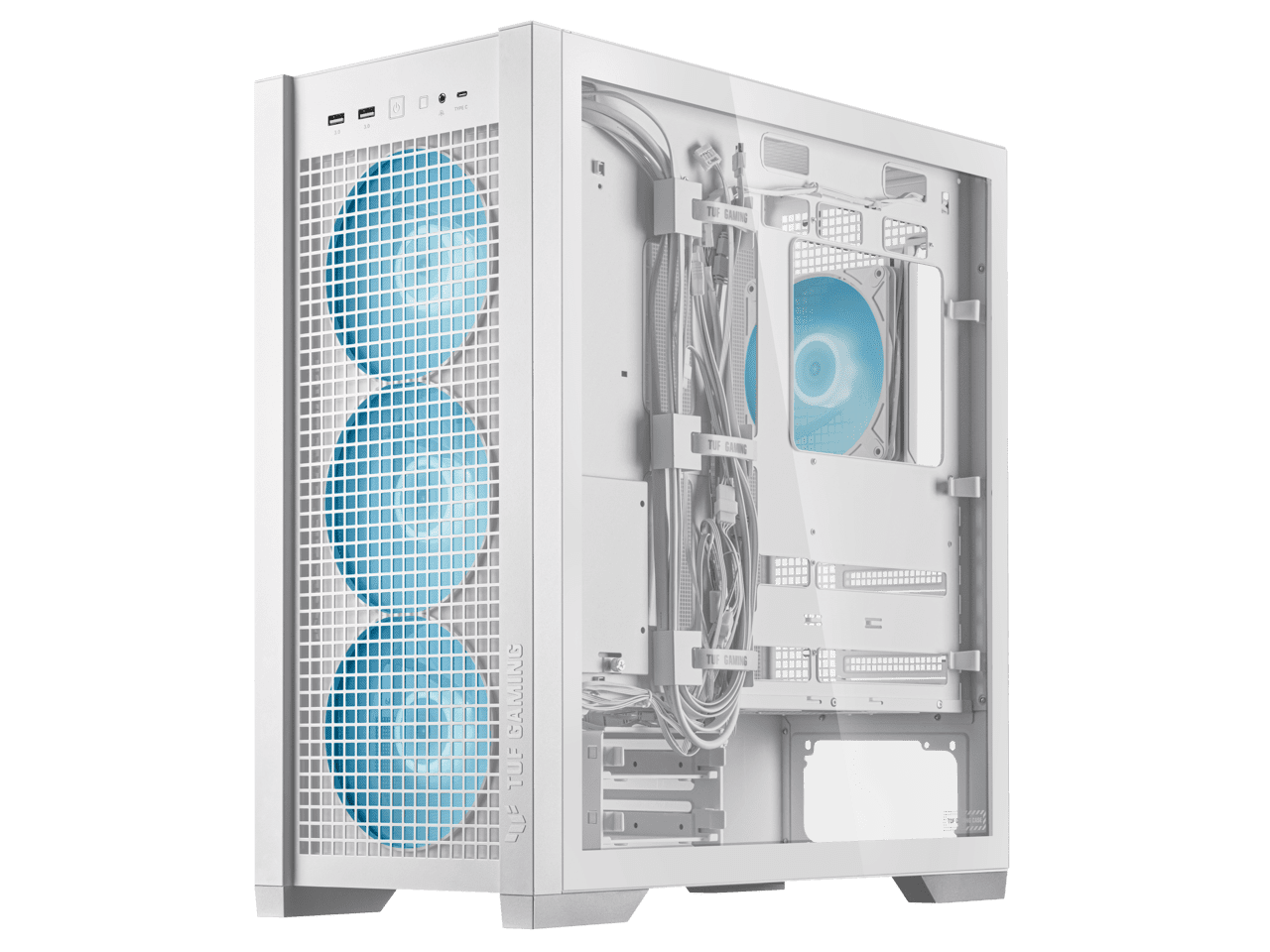 ASUS TUF Gaming GT302 ARGB White Edition ATX Mid-Tower Case Four 140 x 28 mm ARGB fans for high airflow and static pressure, interchangeable side panel, hidden-connector motherboard support