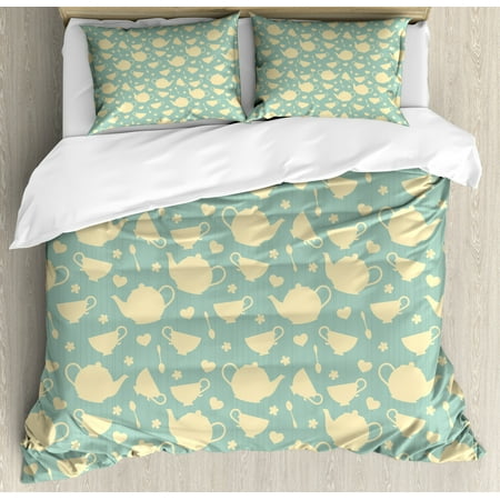 Turquoise Color Bedding Tea Duvet Cover Set, Tea Cup and Teapot Elements in Nostalgic British English Tradition Print, Decorative Bedding Set with Pillow Shams, Pale Yellow Turquoise, by Ambesonne ()