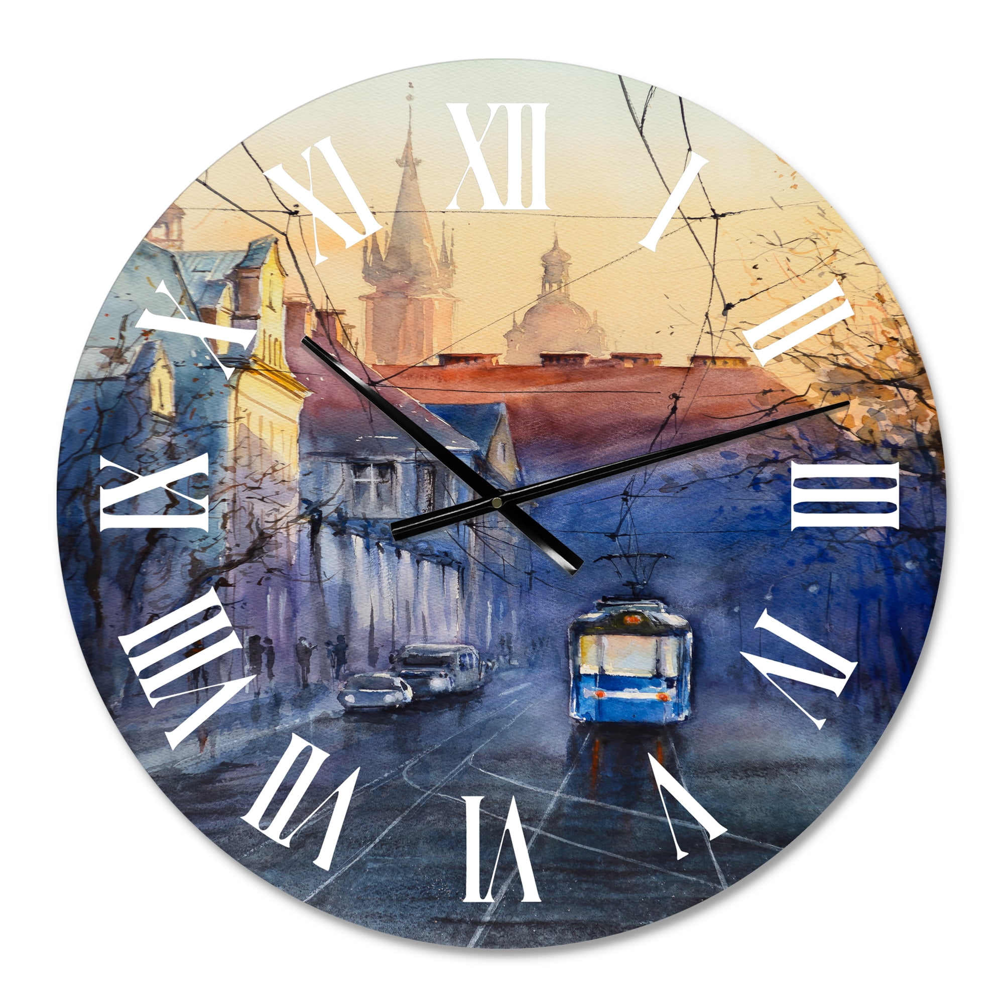Designart 'Blue Tram At Sunset With Church During Sunset' Nautical & Coastal Wall Clock