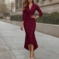 thumbnail image 3 of Formal Dresses for Women Satin Long Sleeve V Neck Stand Collar Slim Fit Maxi Bodycon Dress Wedding Guest Dress, 3 of 5