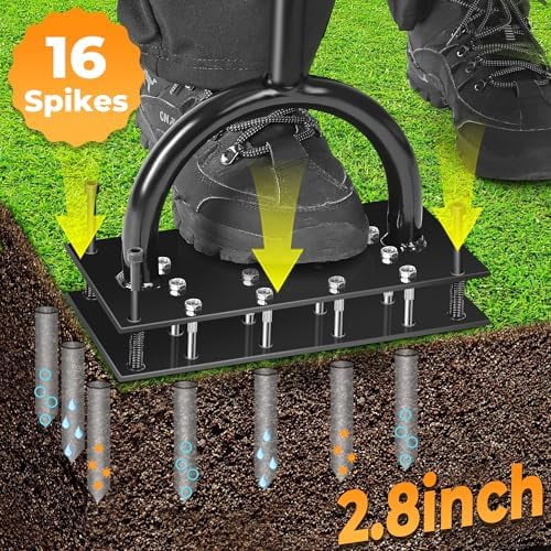 Lawn Aerator, Aerator Lawn Tool with 16 Spikes Spring Base and Gloves Pre-Assembled Manual Yard Aerator Tool Automatic Leaf and Dirt Cleaning for Yard Lawn Garden Aeration$$Garden & Patio