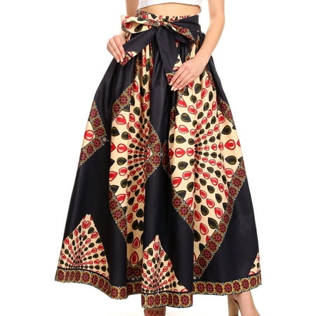 Sakkas Ami Women's Maxi Long African Ankara Print Skirt Pockets & Elastic Waist - 122-NavyBeigeMulti - One Size (Best Stores For Maxi Skirts)