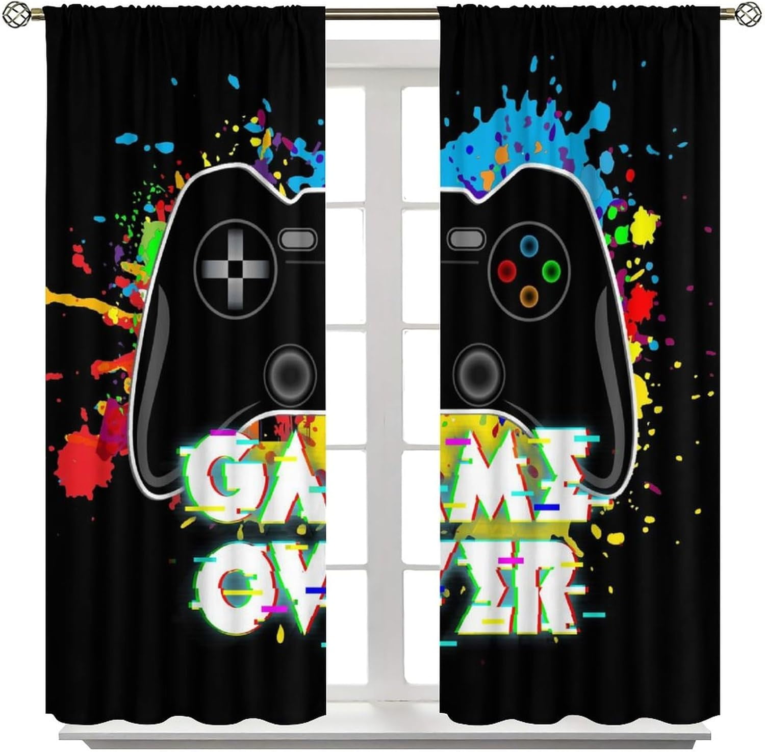 Gamer Blackout Curtains, Fun Colorful Graffiti Art Gamepad Neon Controller Print Rod Pocket Window Treatments Drapes for Boys Girls Teens Bedroom Living Room Playroom Decor 72x63in