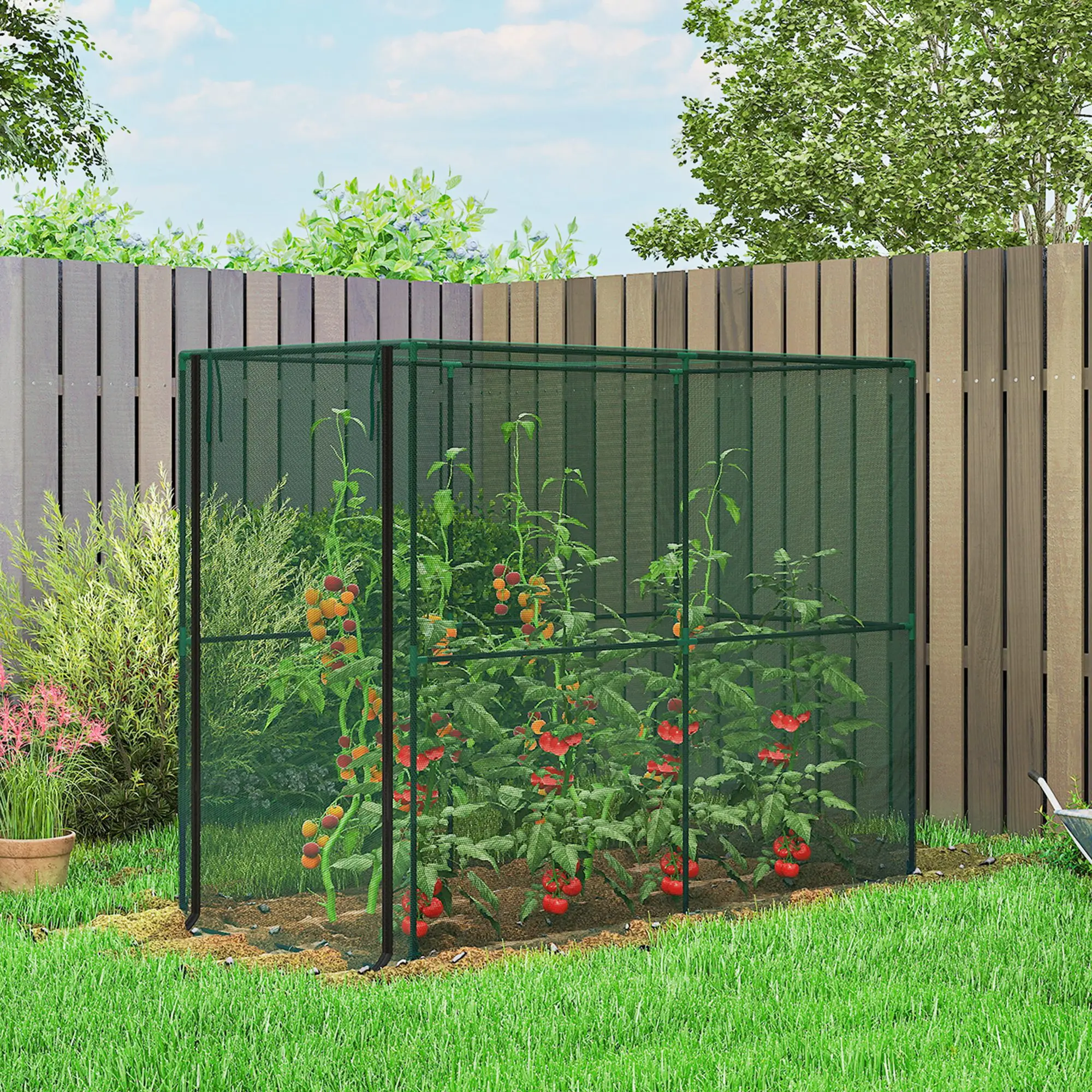 Plant Protector Cage with HDPE Mesh Cover & Roll-Up Zippered Door, U-Shaped Stakes for Stability, Crop Tent for Raised Beds Allotments