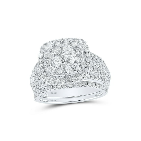 10kt White Gold Round Diamond Square Halo Bridal Wedding Ring Band Set 2 Cttw