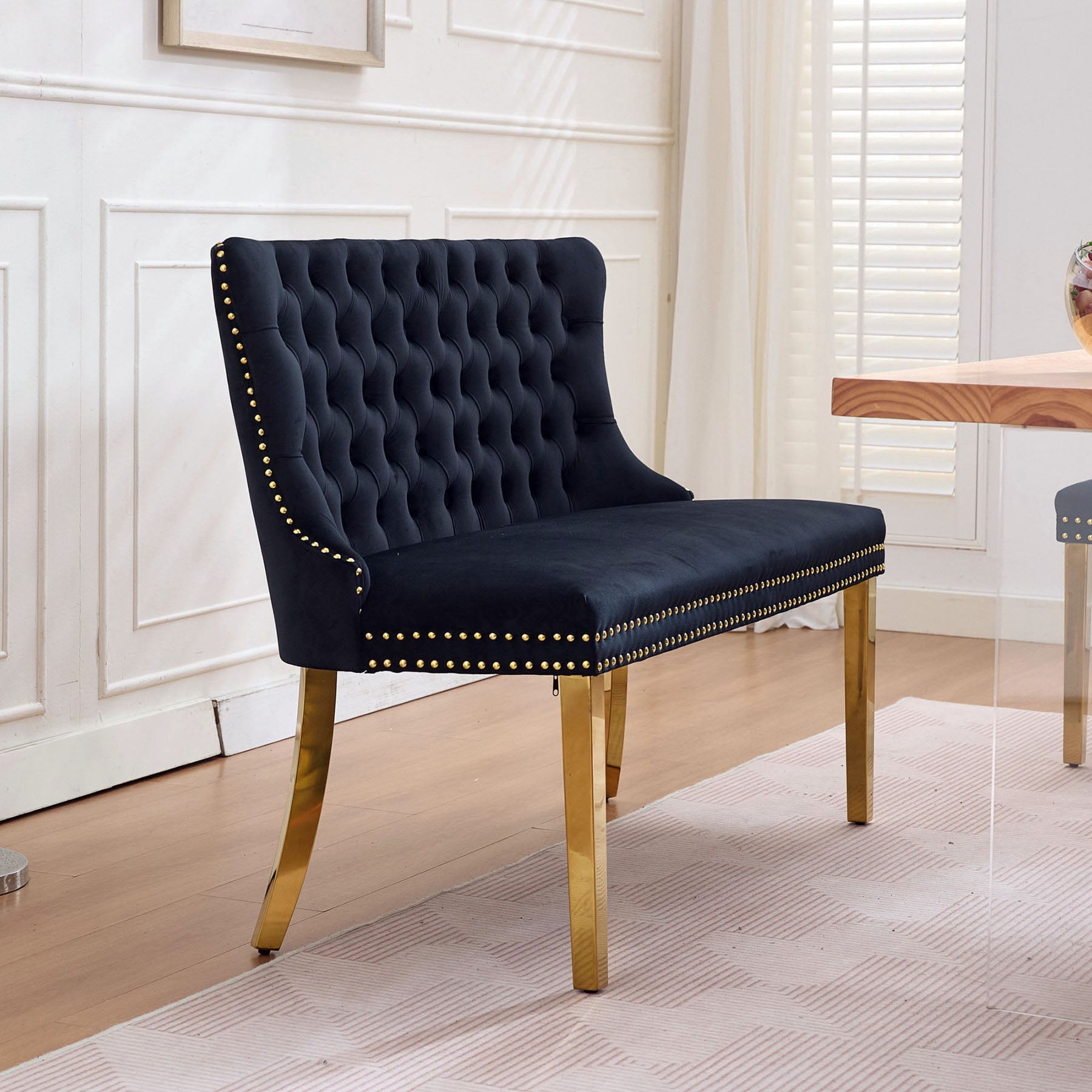 S-HOME Stylish Velvet Double Seat Loveseat Bench Featuring Handmade Buttons and Gold-Plated Steel Legs for Dining Areas, Black