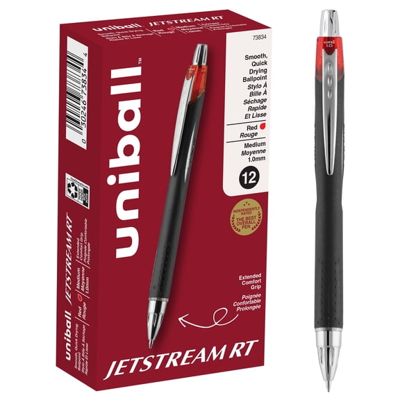 uniball Jetstream RT Retractable Ballpoint Pens, Medium Point (1.0mm), Red Ink, 12 Count