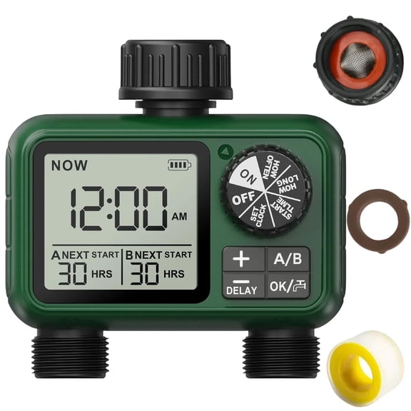Water Timer with 2 Outlet for Garden and Lawn– Programmable Irrigation Systems with Rain Delay, Manual/Automatic Modes, Low Battery Warning