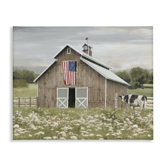 Stupell Industries Patriotic Barn & Cow Landscape & Nature Painting Wrapped Canvas Art Print Wall Art, 20 x 16