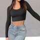 thumbnail image 2 of Top ajustado con cuello redondo para mujer camisas elásticas de Color sólido Tops traje de calle sexi, 2 of 7