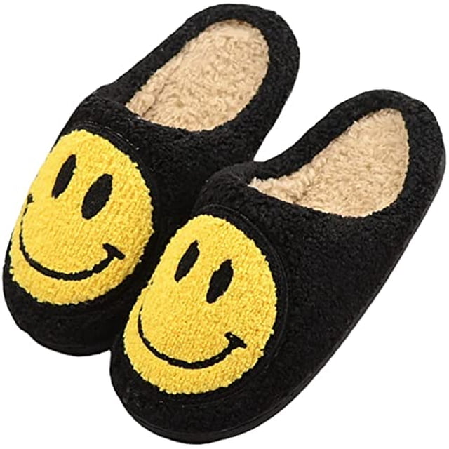 Pantuflas de cara sonriente retro Fuzzy Fluffy Cute House Home Shoes Memory Foam Soft Plush Warm Indoor Slides Winter Fur Zuecos para mujeres y hombres (Negro, 37/38) oso de fresa necesidades diarias