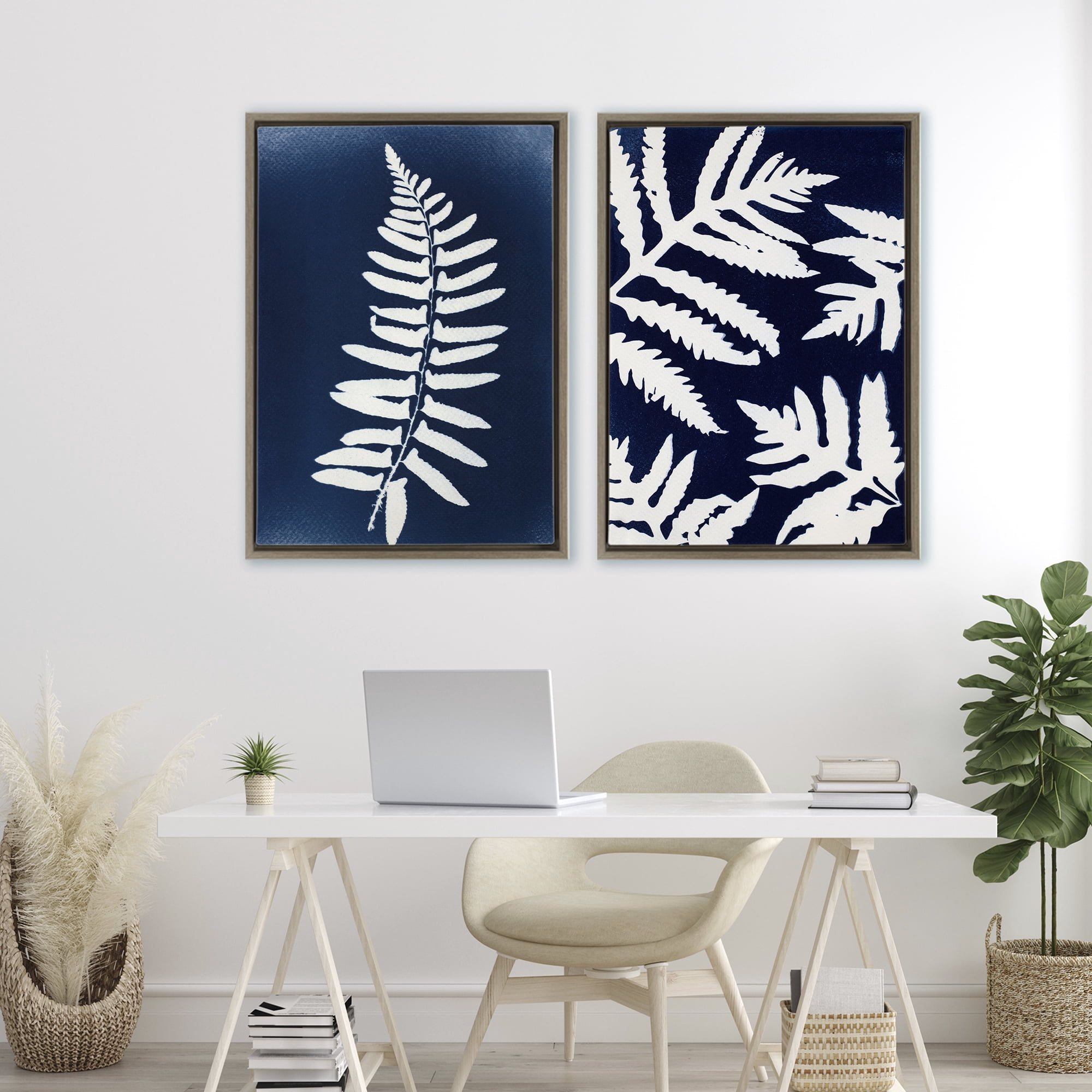 Stupell Industries Fern Leaves on Indigo 2 Piece Brown Framed Floater Canvas Set, design by Lynn Byrd