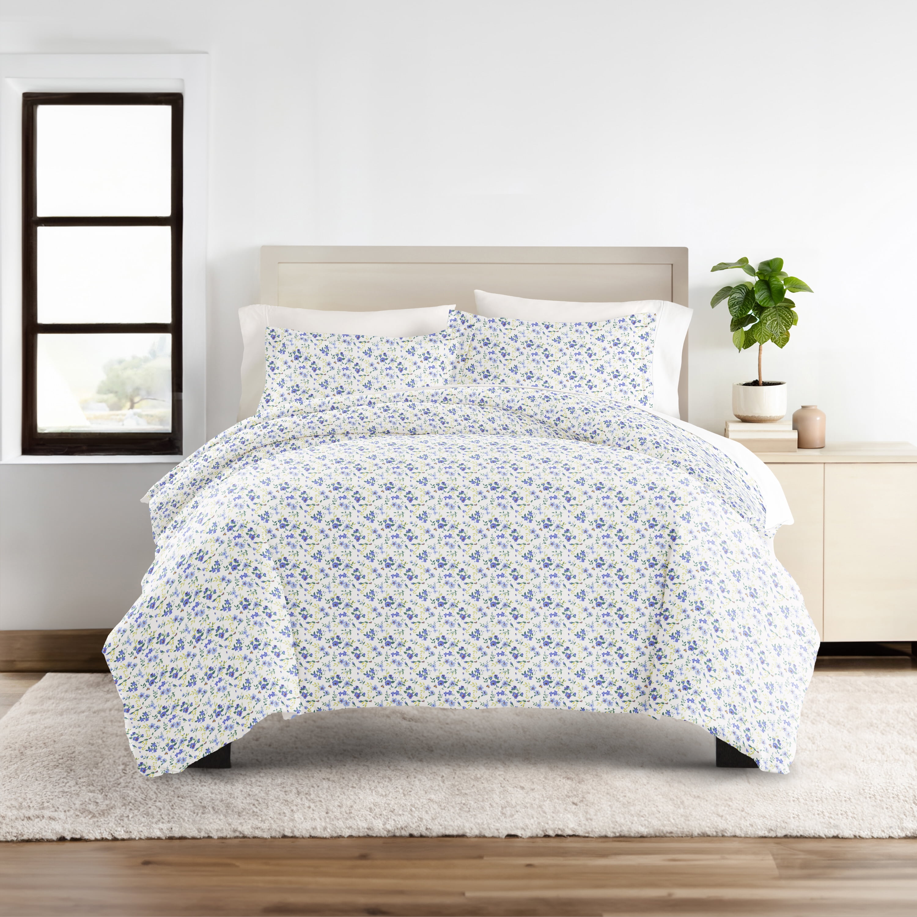 8PC Bedding Bundle - Patterned Duvet Cover Set White Comforter and Solid Sheet Set in Blossoms