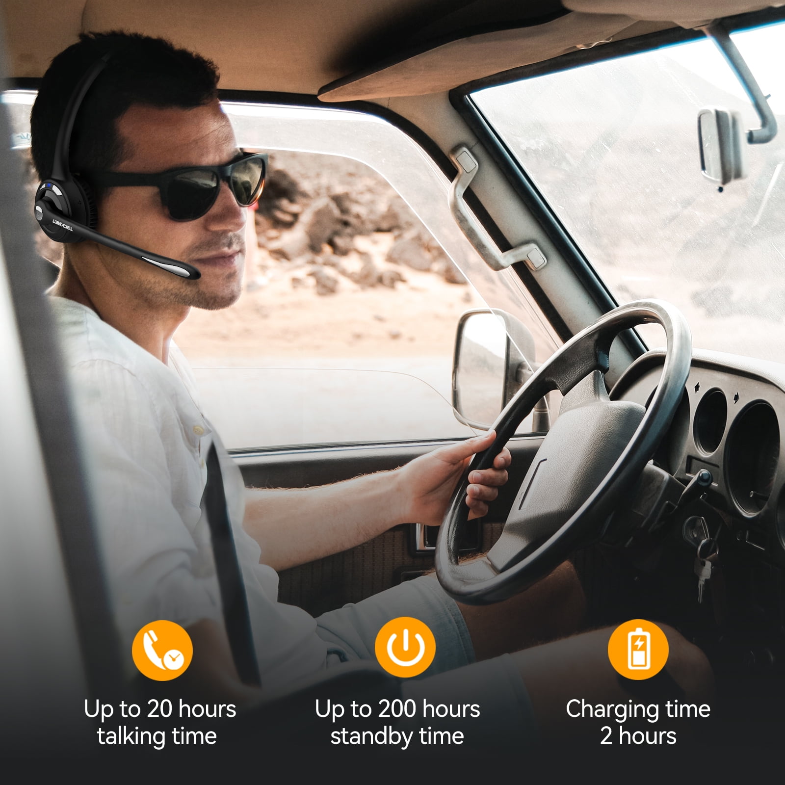 TECKNET Bluetooth Headset, Wireless Headset with Noise Canceling Microphone for Trucker, On-Ear Bluetooth Headphone with Mute Mic for Work