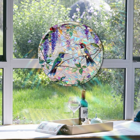 Hummingbird Sun Catcher Stained Glass Window Hanging - Wildflower and Bird Suncatchers for Windows Stained Glass Suncatcher - Sun Catchers Indoor Wall Art Home Decor Gift for Women Mom Bird Lovers