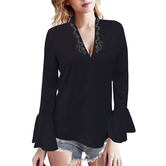 Holzkary Women's Long Bell Sleeve Tops Ruffle Blouse for Work Dressy Casual Work Tunic Shirts Clothes 2025 Fashion V Neck Drilling Solid Color Long Sleeve Blouses Light Weight Work Shirts Black L