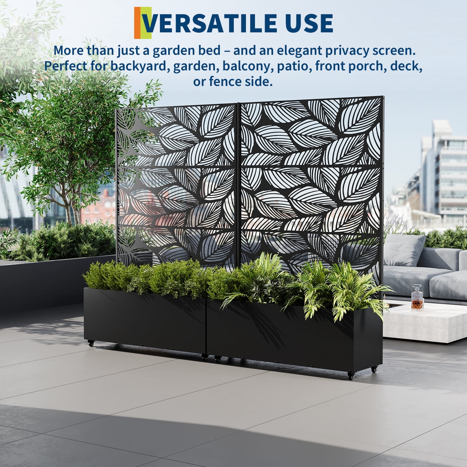 Ataucjin 16" Deep Planting Bed with Drainage Holes,Metal Planter Box with Trellis, Raised Garden Bed with Wheels, Deep Privacy Screen for Climbing Plants,47"X16"X71"