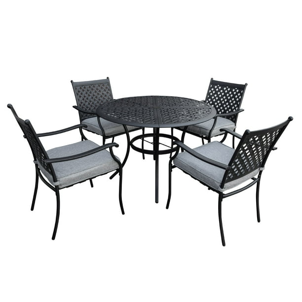 Garden Elements Outdoor Patio Set Metal Dining Furniture w/ Iron Armrest Grey Cushioned Chairs