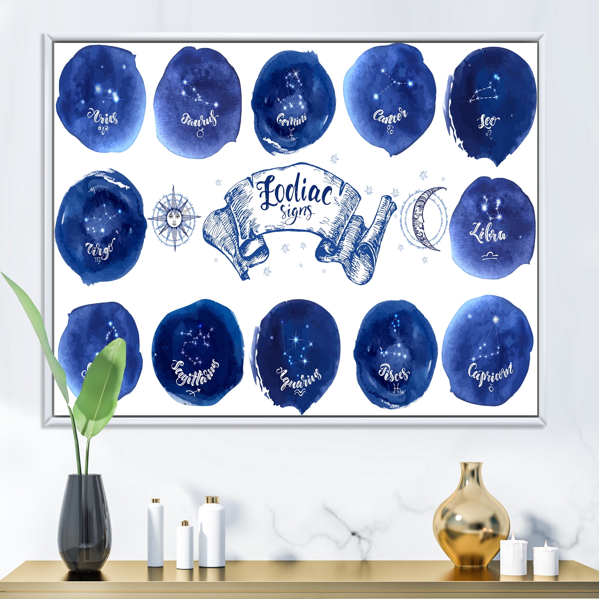 Designart 'Collection of Astrology Signs On Blue Circles' Modern Framed Canvas Wall Art Print