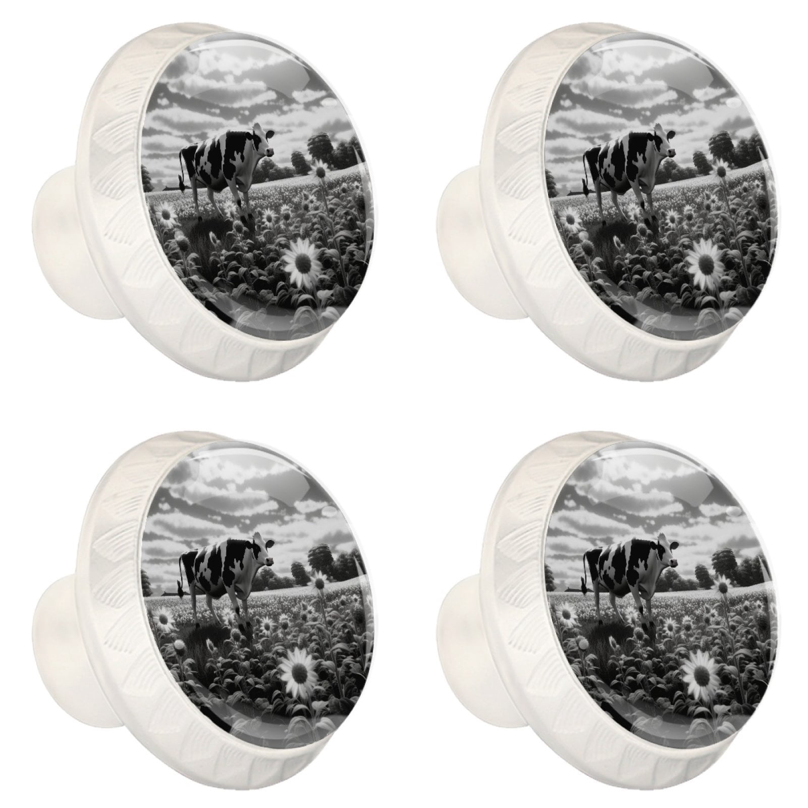 4 Pcs Cow and Sunflower Knobs for Kitchen Cabinet Cupboard Dresser Bookcase Drawer Pulls Handles Round Home Decor