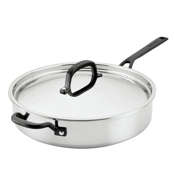 KitchenAid 5-Ply Clad 5 Quart Stainless Steel Induction Saute Pan with Lid, Dishwasher Safe, Metal Utensil, Broiler and Oven Safe to 500°F, Polished Stainless Steel