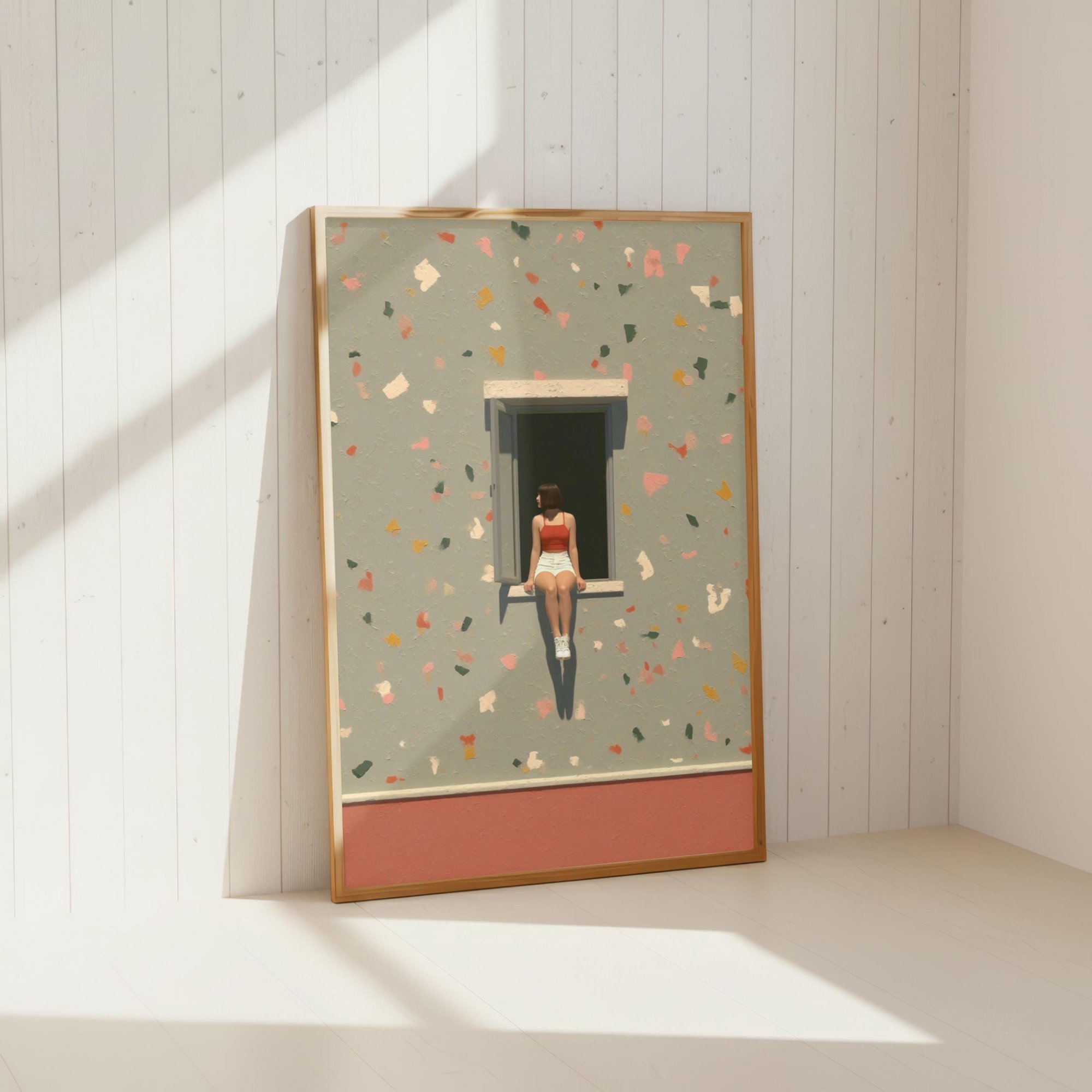 Woman in the Window Art Pop Art Terrazzo Wall Painting Playful Speckled Stucco Decor Maximalist Colorful Window Poster Pink and Emerald