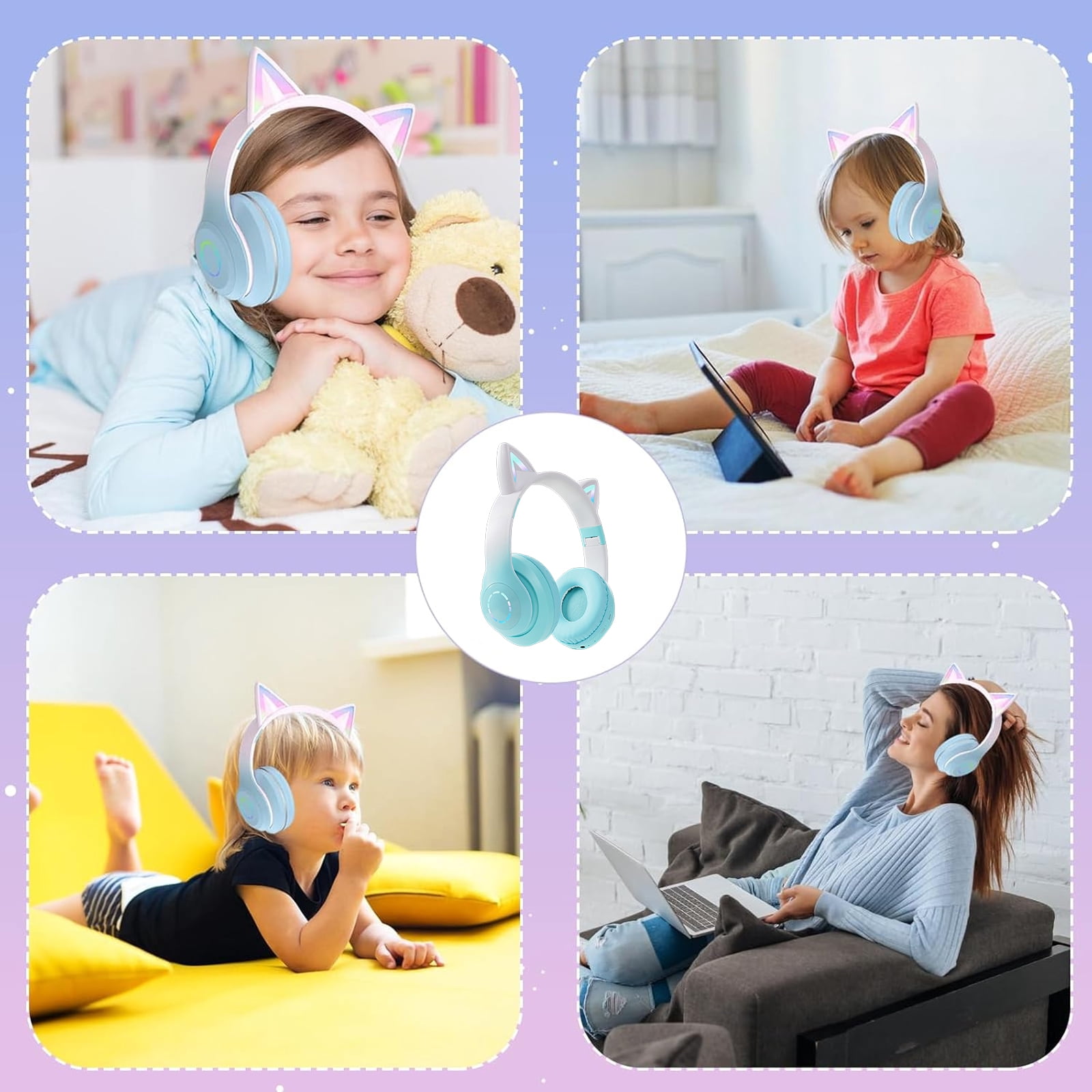 Soapow Cat Ear Kids Bluetooth Headphones for Girls for School, Foldable Gaming Headset with Microphone/LED Light up, Adjustable Headband Teens Toddlers Wireless Earphones for Tablet/PC(Green)