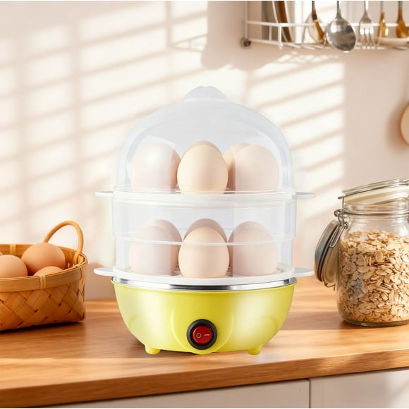 Mini cocción de huevos de doble capa de acero inoxidable, capacidad para 14 huevos, máquina eléctrica de huevos cocidos con apagado automático para huevos blandos, medianos o duros, aparato para