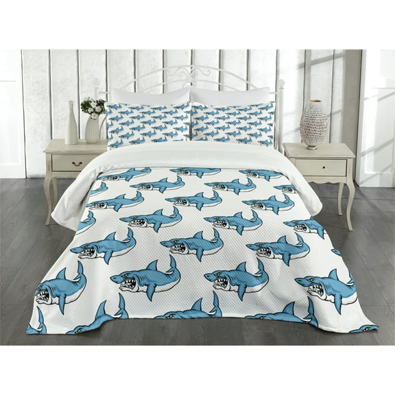 Ambesonne Ocean Quilted Bedspread Set 3 Pcs, Sea Fierce Wild Shark, King Size, Blue White