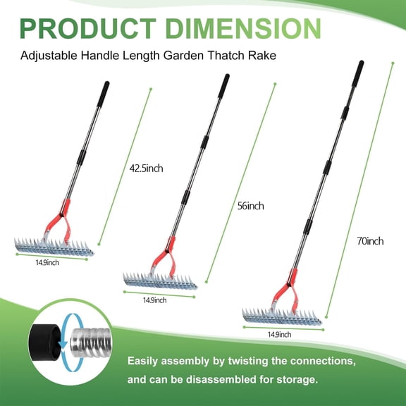 PYYAN-Thatch Rake, 15-Inch Wide dethatcher rake for Cleaning Dead Grass, Adjustable Dead Grass rake for Yard Lawn,thatch rakes for lawns with Stainless Steel Handle, Yard dethatcher rakes, 70-Inch Le