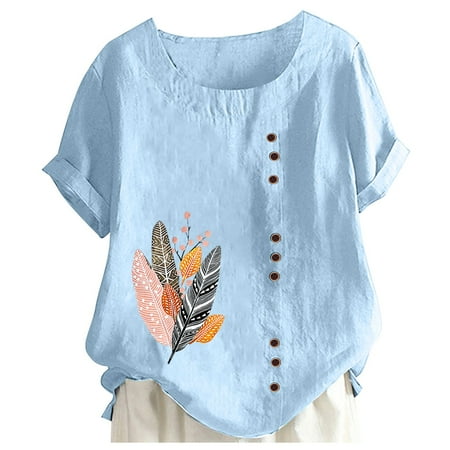 

Pianpianzi Womens Tops Work Blouses Fall Cotton T Shirts for Women plus Maternity Top plus Size Women s Printed Round Neck Raglan Sleeve Hem Slit Loose Short Sleeve Button Decoration Shirt