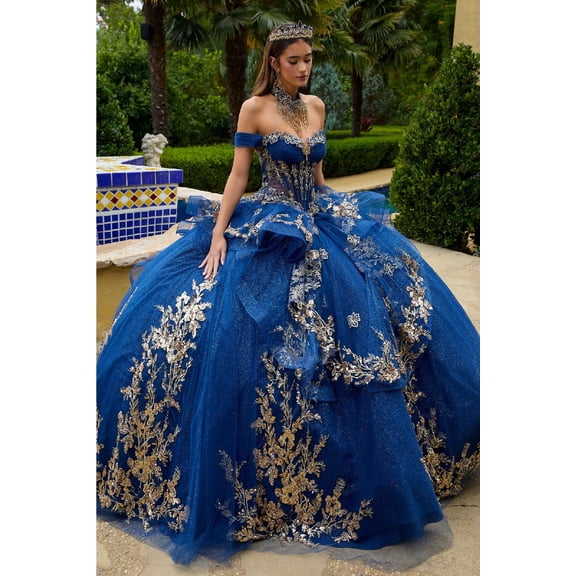 Women's GLS Gloria Off Shoulder Ruffled Ball Gown Gl3552 Navy Blue Size 2XL