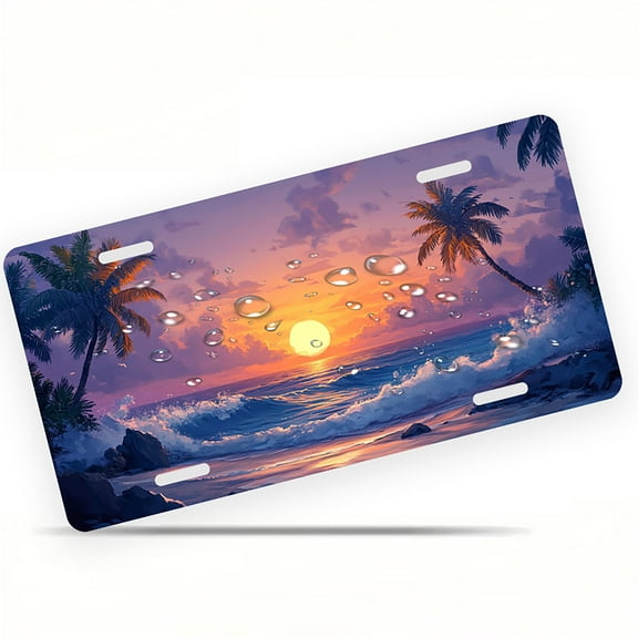License Plate, Tropical Beach Sunset Decorative Front,Personalized Stainless Steel License Plate Cover For Men Women,12.2" X 6.2"
