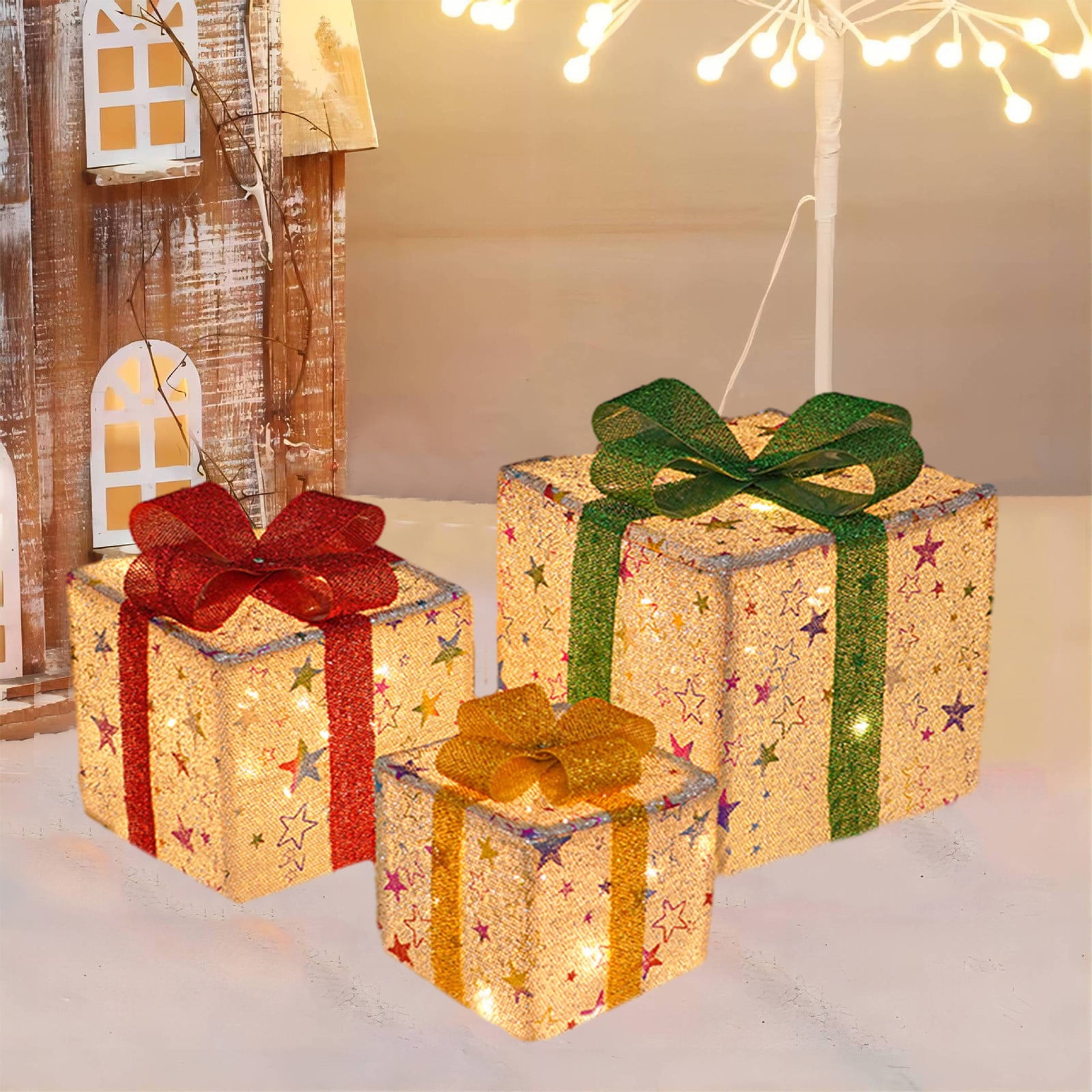 Lot De 3 Boîtes Cadeaux Lumineuses Pour Noël - Déco Intérieure Avec Guirlandes LED - Tailles Différentes, Piles Incluses - Ambiance Chaleureuse