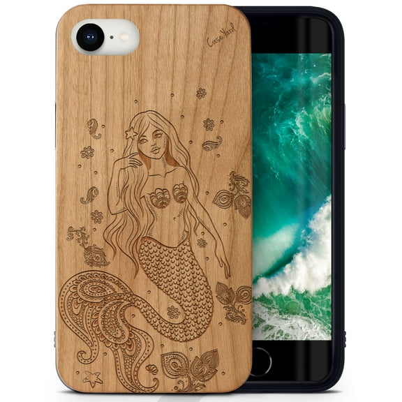 Case Yard Wooden Case Outside Soft TPU Silicone, Slim Fit Shockproof Wood Protective Phone Cover for Girls Boys Men and Women, Supports Wireless Charging Mermaid Design case for iPhone-SE