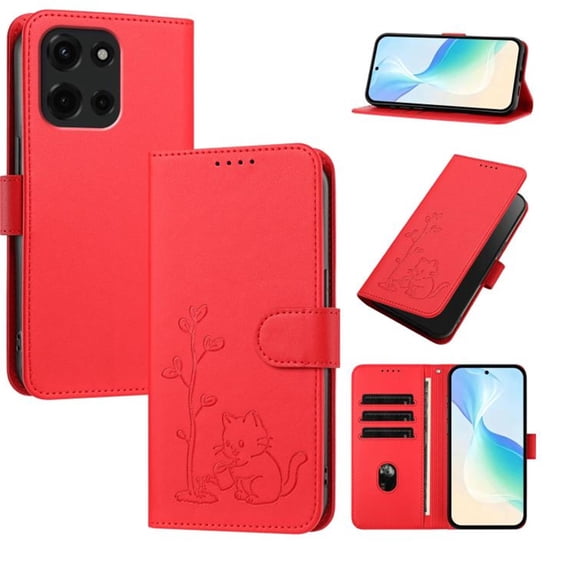 Wallet Leather Case For Motorola Moto G Play 2025 6.8",with Card Holder,wristband, Shockproof Kickstand Embossed Little Cat Watering Tree Phone Case,Red,For Moto G Play 2025