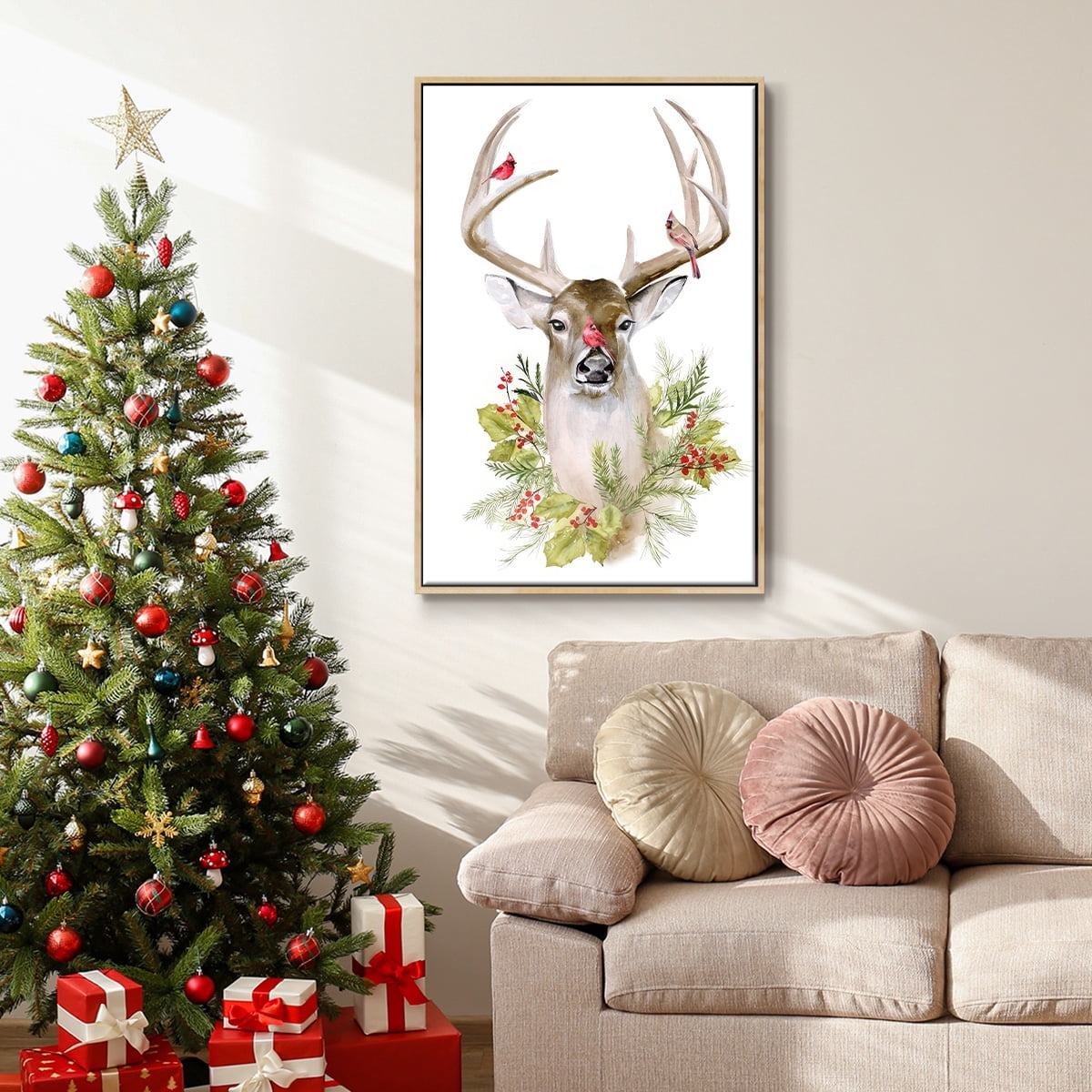 Holiday Deer Collection B - Framed Gallery Wrapped Holiday Canvas - 17 x 25 - Natural Wood Frame